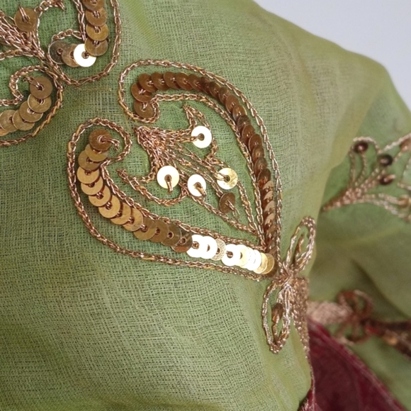 Antique Vintage Batik Sheer Pink Red Green Gold Sequins Embroidered Pillow Sham - Picture 2 of 13